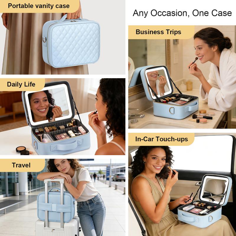 Makeup Bag with LED Mirror, Light Travel Makeup Train Case for Women, Cosmetic Bag Organizer, Portable Artist Storage Bag with Adjustable Dividers Makeup Brushes Storage Organizer and 3 Color Lights