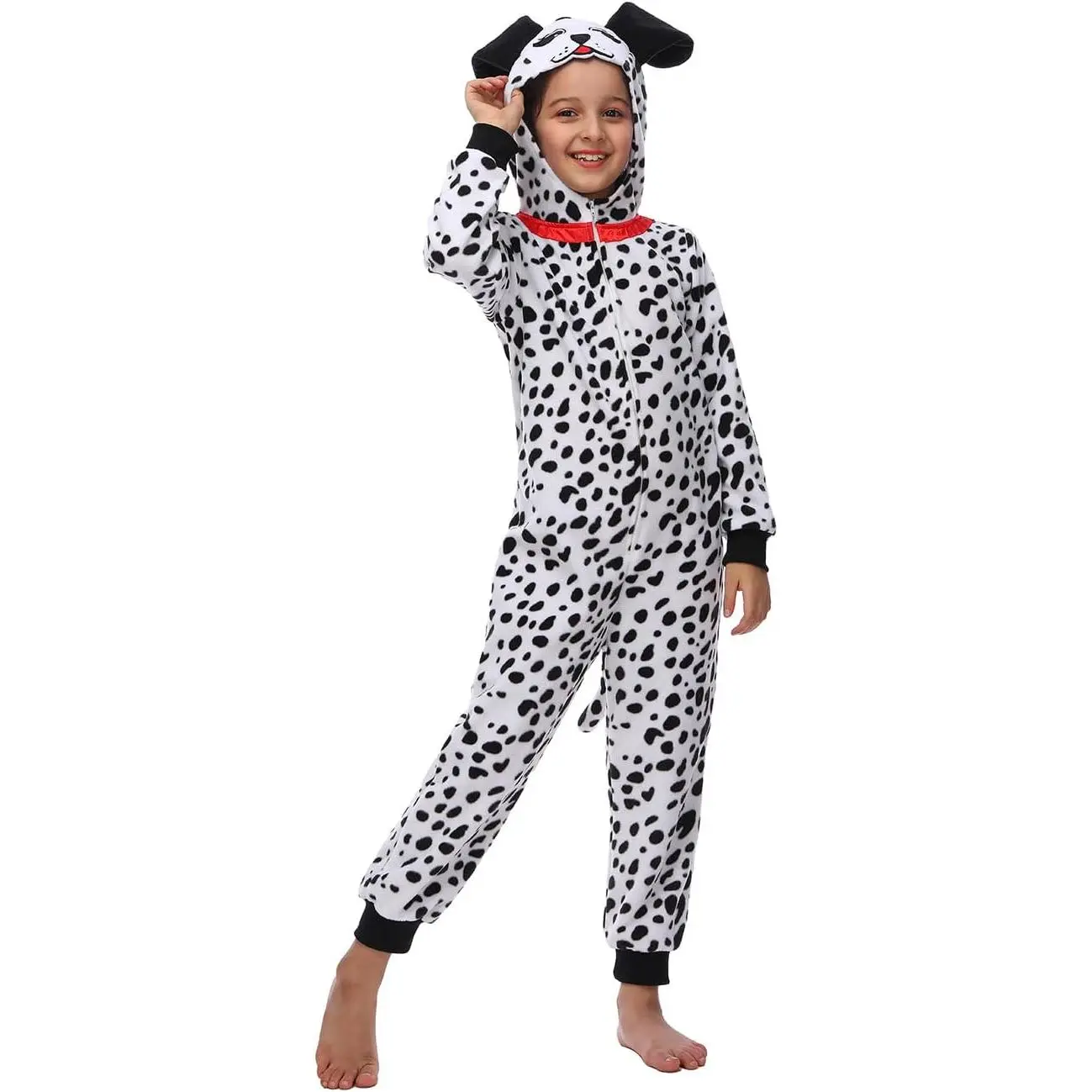 Kids' Warm Dalmatian Costume, Spotted Fleece All-in-1 Animal Theme Onesie with Hood and Detachable Tail for Chilly Weather Halloween, Costume Ideas, All-In-One