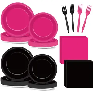 96pcs Hot Pink and Black Party Supplies Heavy Duty Pink and Black Paper Plates Napkins Decorations Disposable Tableware Set for Women Girls Bachelorette Bridal Shower Wedding Party Decor Serve 24