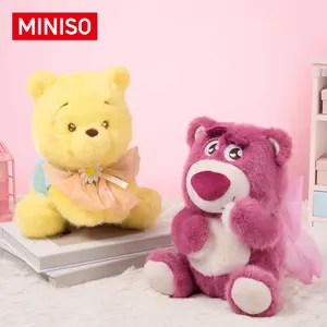 MINISO Winnie the Pooh & Pixar Lotso Bowknot Sitting Plush Doll, Soft Polyester Stuffed Toy with Natural Strawberry Fragrance, Lovely Collectible Ornament & Sweet Birthday Surprise Gift for Cartoon Fans and Kids
