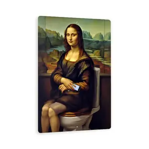 Funny Mona Lisa Bathroom Sign – Renaissance Parody Wall Art, Mona Lisa On Toilet With Smartphone, Vintage Humor Metal Sign 8x12