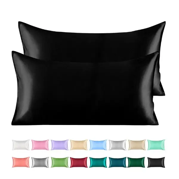 Silk Satin Pillowcases for Hair and Skin - Standard 2 Pack Luxurious 20x26 Inches with Envelope Closure, Black Neck Pillow