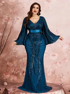 Elegant Flowy Draped Mesh Flare Sleeve Bridesmaid Dress, Plus Size Luxury Shiny Sequin Jacquard Hostess Dress for Stage Party, High-End Cold V-Neck Mesh Evening Prom Gown, Confident Elegant Mermaid Queen Dress