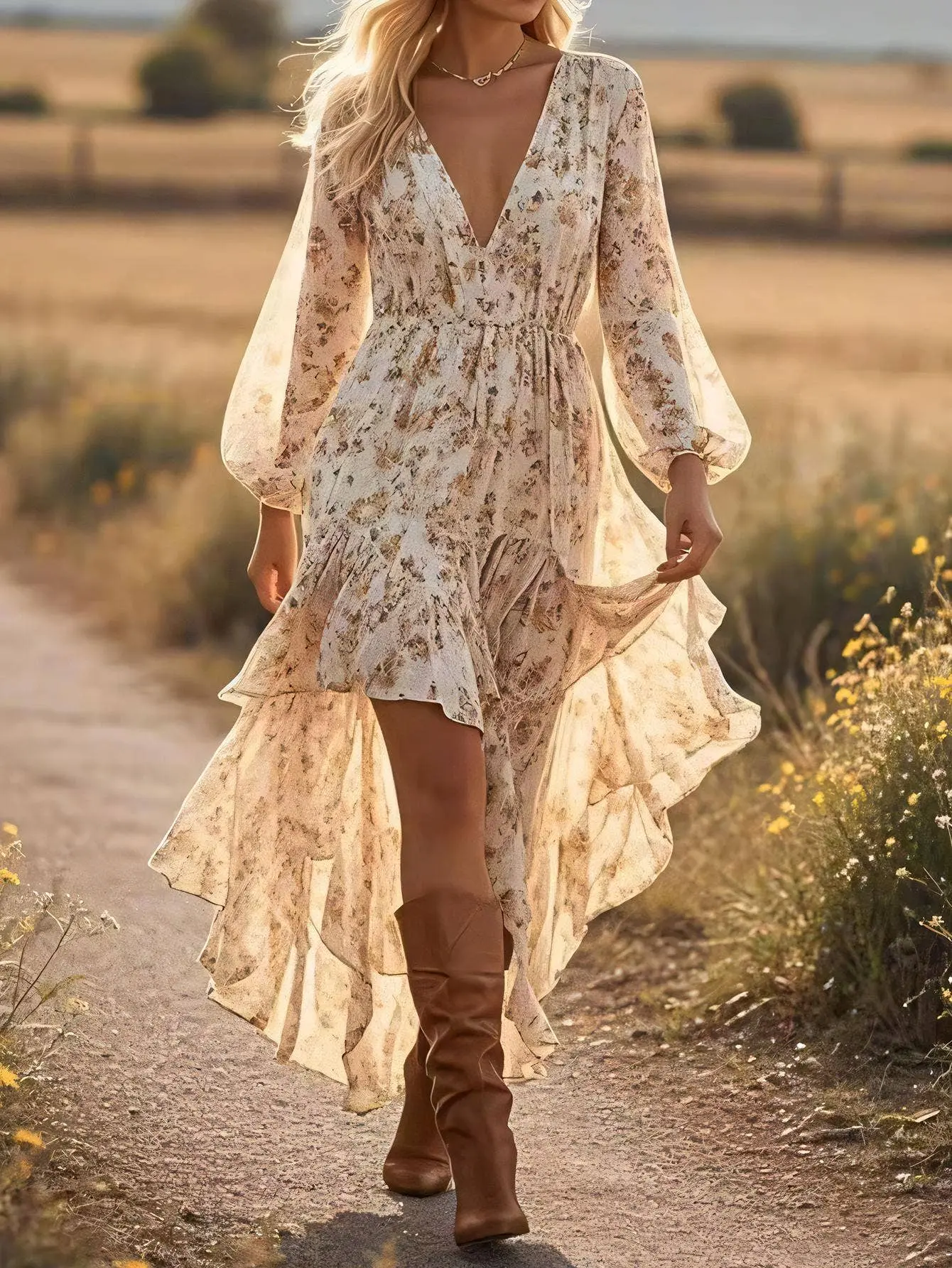 Women's Casual V-Neck Floral Printed Boho Layered Dress, Stylish Women's Wear with Sleeves, Lady's Bohemian Daily Apparel Womenswear
