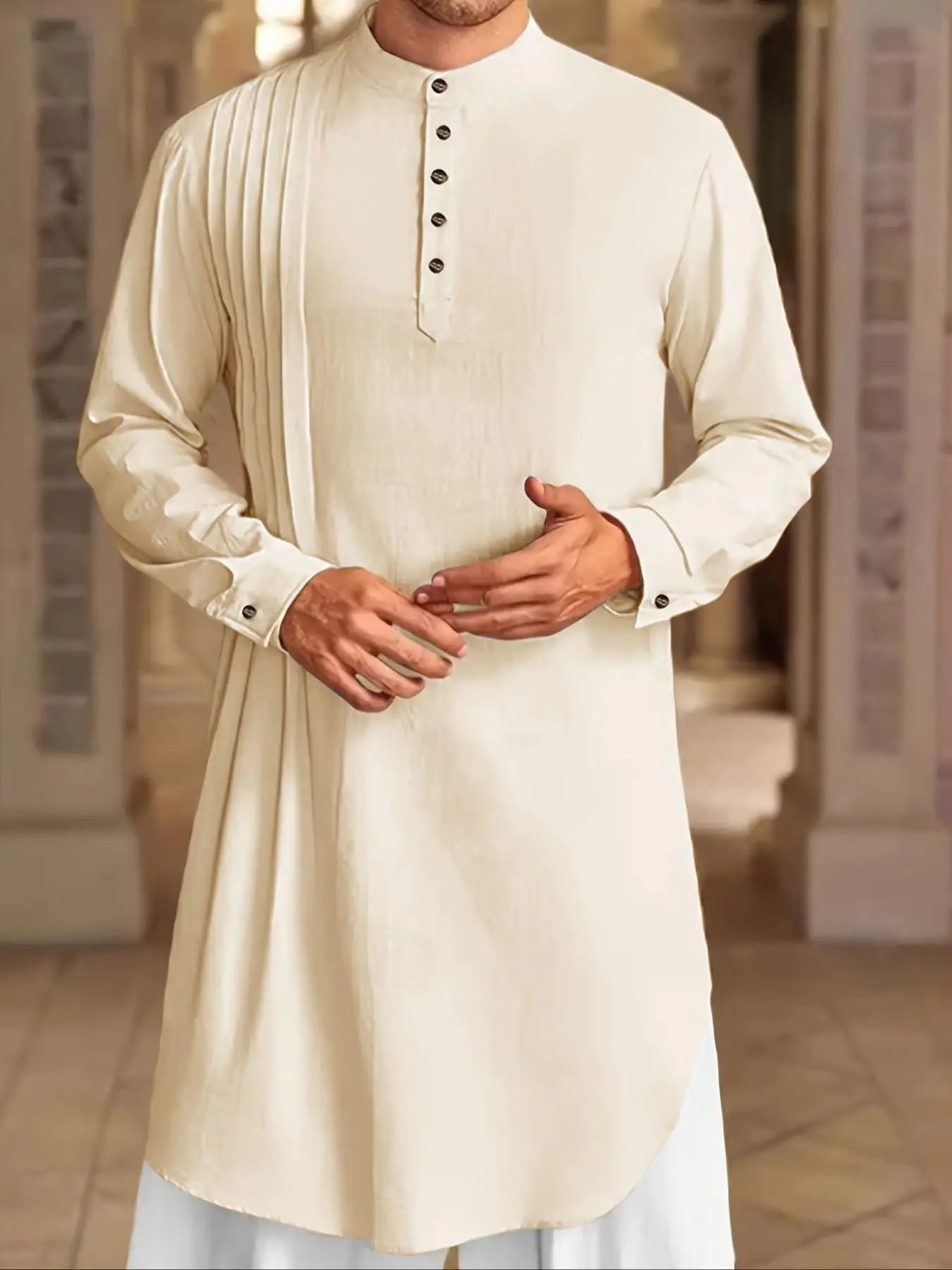 Men's Solid Color Long Sleeve Robe, Loose Casual Comfy Round Neck Robe for Daily Wear, Men's Islamic Clothing for Summer