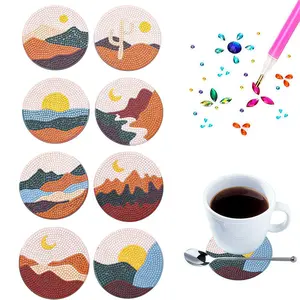8 Piece DIY Landscape Diamond Painting Coasters Set, Special Crystal Rhinestone Art Coasters, Wooden Table Decor for Home Office Cafe Restaurant