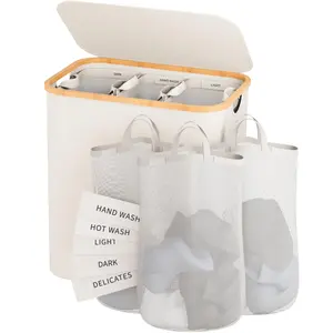 Bathola 160L Laundry Hamper with Lid, 3-Section Foldable Clothes with Removable Bags, Organizer for Bedroom & Laundry Basket large Beige bathroom accessories