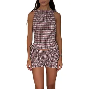 Women Y2K Ruffle Pajama Set Gingham Ruched Tank Top Tiered Mini Boxer Shorts Set Bow Two Piece Lounge Set