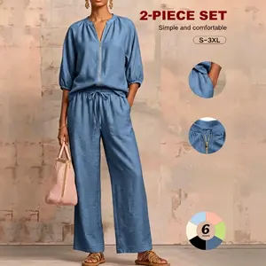 TFNOSlZE Women's Casual 2-Piece Set Quarter Zip Pullover Top & Wide-Leg Pants Everyday Comfortable Outfit for Womenswear - Clothes