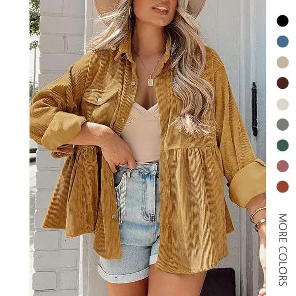 Women's Corduroy Shirt Jacket, Cute Oversized Boyfriend Blouse, Lightweight Long Sleeve Button Down Tunic Top with Pockets, Lady