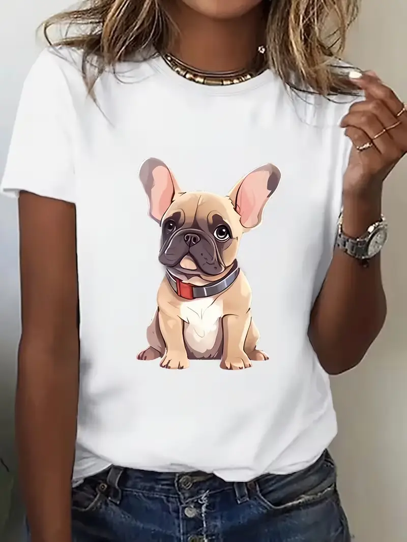 Women's Cute French Bulldog Graphic T-Shirt Cartoon Frenchie Puppy Dog Lover Casual Short Sleeve Tee