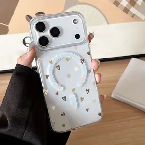Pack Luxury Fashion Brown heart Pattern MagSafe Case Compatible with iPhone 17 Pro Max Air 16 16e 15 14 Plus 13 12 11 X XS Magnetic Clear Acrylic Back Drop Protection Pocket-Friendly Cellphone Cover Valentine's Day Gift 2D printing