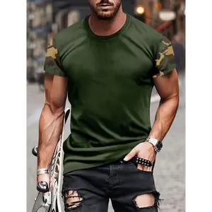 Men'S 3D Digital Printed Shoulder Camouflage T-Shirt, 100% Polyester Crew Neck Top, Regular Fit Knit Fabric, All-Season Solid Color Fashion Tee