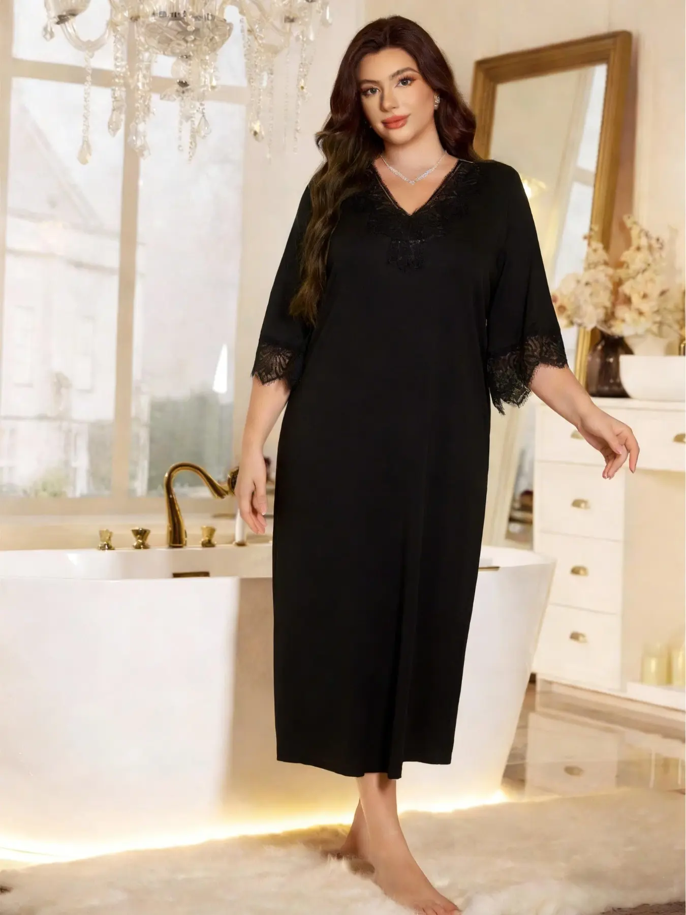 Plus Size Solid color Nightgown, Luxurious V-Neck Lace Trim, Ultra Soft Fabric, Plus Size Sleepwear, Elegant Loose-Fitting Robe for Evening Wear, Women Pajamas, Home Daily Wear, Plain Nightgown