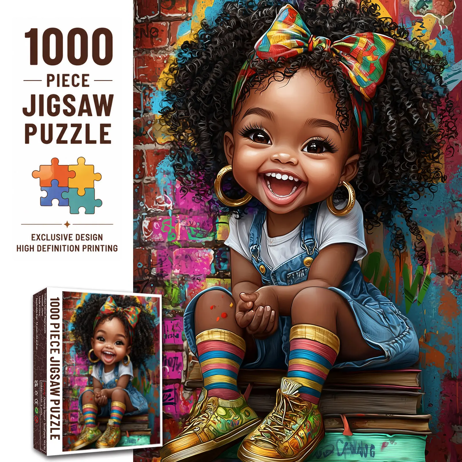 Walarky Cute African American Girl 1000 Pieces Jigsaw Puzzle, Colorful Graffiti Portrait Art, Family Game, Stress Relief, Relaxing Brain Challenge, Wall Decor, Gift for Women Seniors Friends, Fun Indoor Activity, 27.5x20inch 70x50cm
