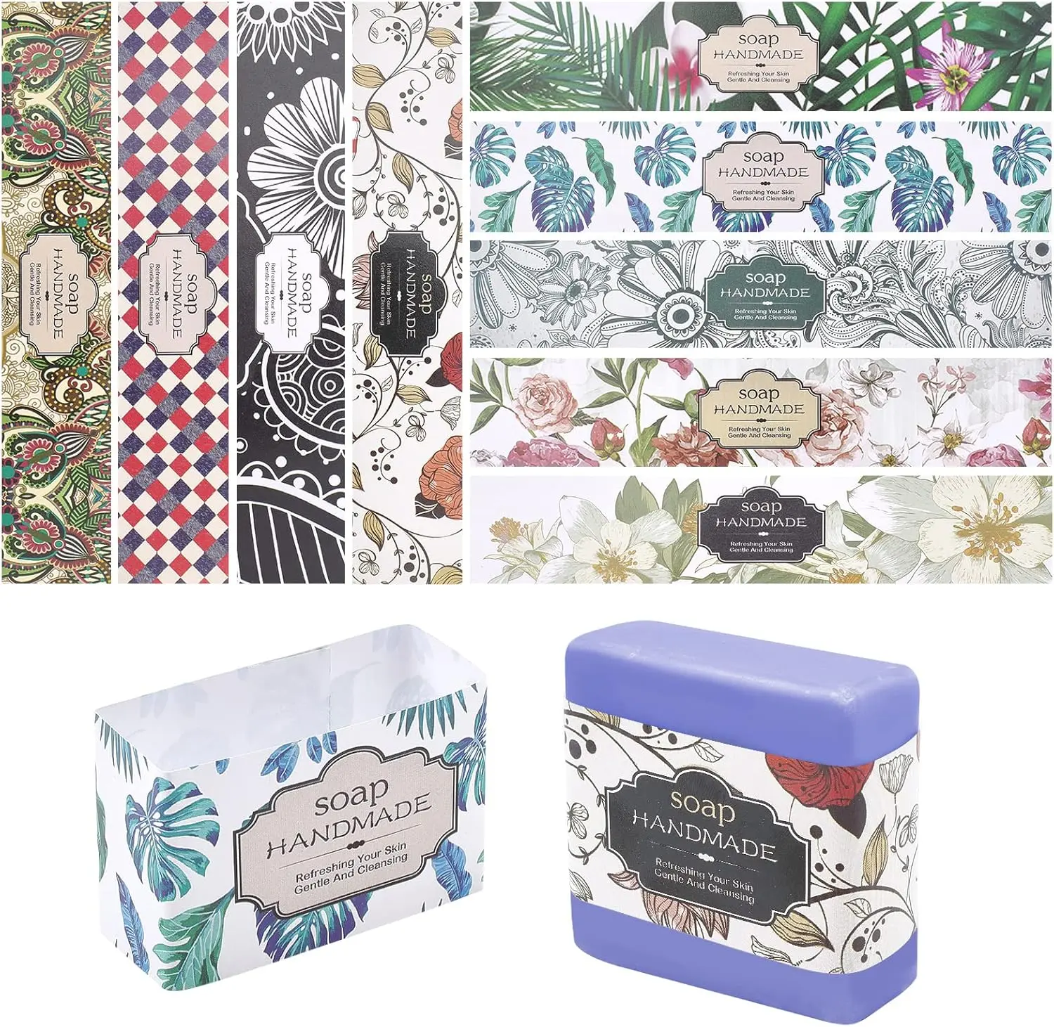 90 count Soap Wrapper 9 Style Flower Wrap Paper Tape Vertical Soap Paper Tag Soaps Sleeves Covers for Christmas Homemade Soaps Bar Packaging Supplies