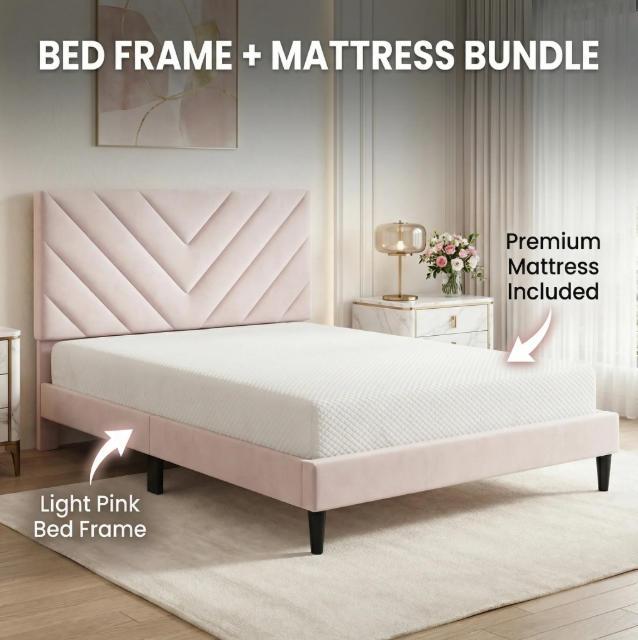 Twin Size Bed Frame with Mattress Included, Upholstered Velvet Platform Bed with V-Stitch Headboard, Wood Slat Support, No Box Spring Needed – Cama Twin con Colchón