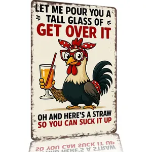 Get Over It Rooster Sassy Rooster Aluminum Sign 8 X 12 Inch Vintage Textured Wall Art Decor for Home Living Room Bedroom Dining Room Man Cave Decoration