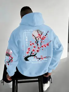 Men's Floral Letter Print Fleece Hoodie with Pockets, Casual Unisex Fall & Winter Hooded Sweatshirt, Thick Fabric, Comfortable Fit