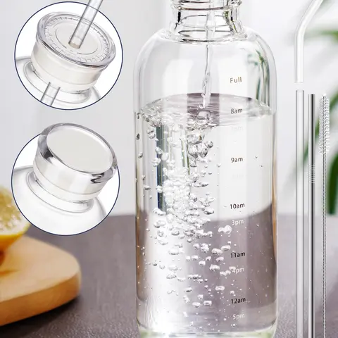 NiHome 25oz/750ml (500-1,000 ml Range) Round Durable High Borosilicate Glass Water Bottle - Portable Hydration Tumbler, 9.76cm Height, 2 Caps, Stainless-Steel Straw, Straw Brush, Modern Kitchenware Accessory
