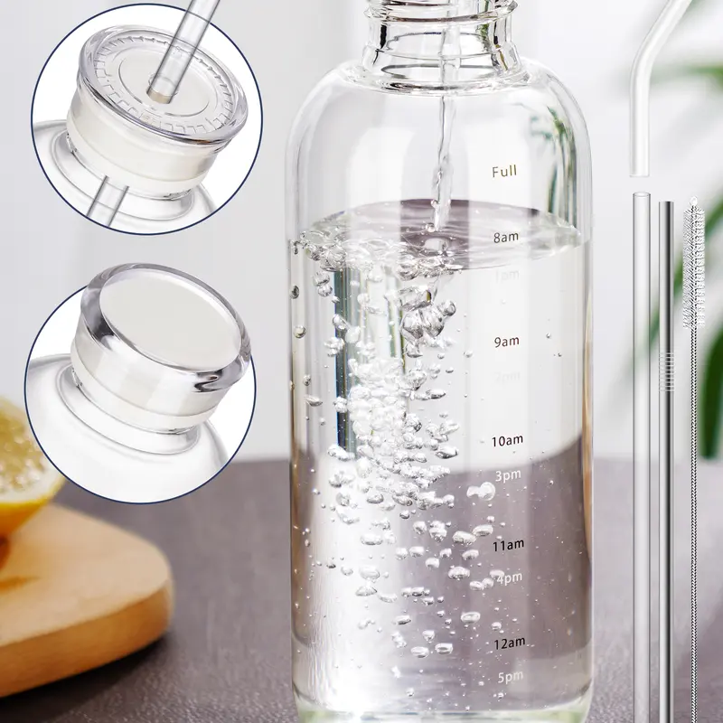 NiHome 25oz/750ml (500-1,000 ml Range) Round Durable High Borosilicate Glass Water Bottle - Portable Hydration Tumbler, 9.76cm Height, 2 Caps, Stainless-Steel Straw, Straw Brush, Modern Kitchenware Accessory