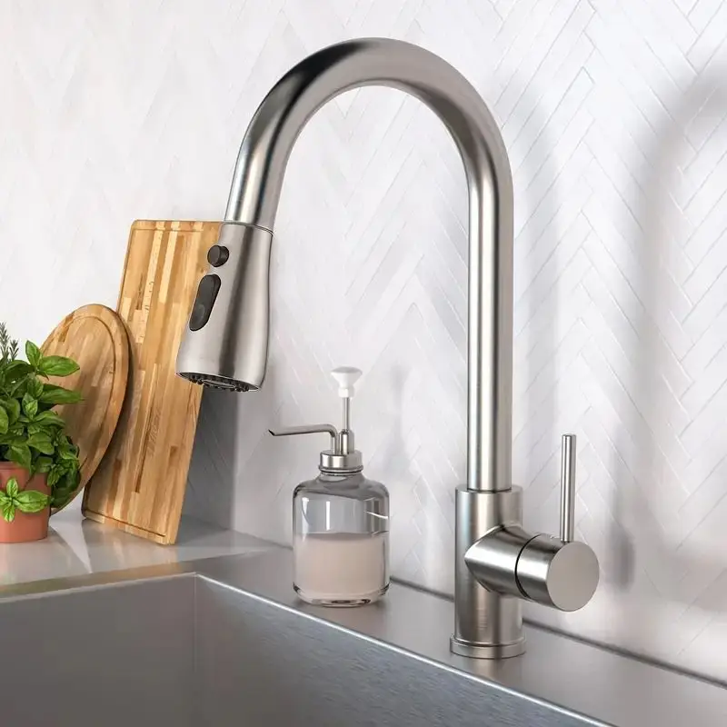 Brushed Nickel Kitchen Faucet with Pull Down Sprayer, High Arc Single Hole Kitchen Sink Faucet with Sprayer, Commercial Modern Pull Out Stainless Stee