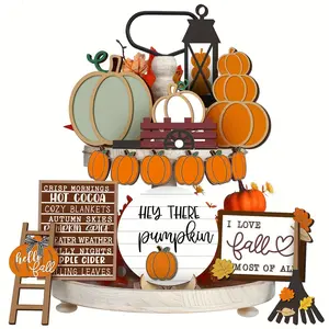 🍂 16PCS Thanksgiving Fall Tiered Tray Decor Set | Rustic Wooden Pumpkin Leaf Tabletop Decor 🎃 Retro Kitchen Dining Table Centerpiece, Farmhouse Style ✨ Autumn Home Decoration, Holiday Table Accent 🎁 Thanksgiving Host Gift, TikTok Shop US
