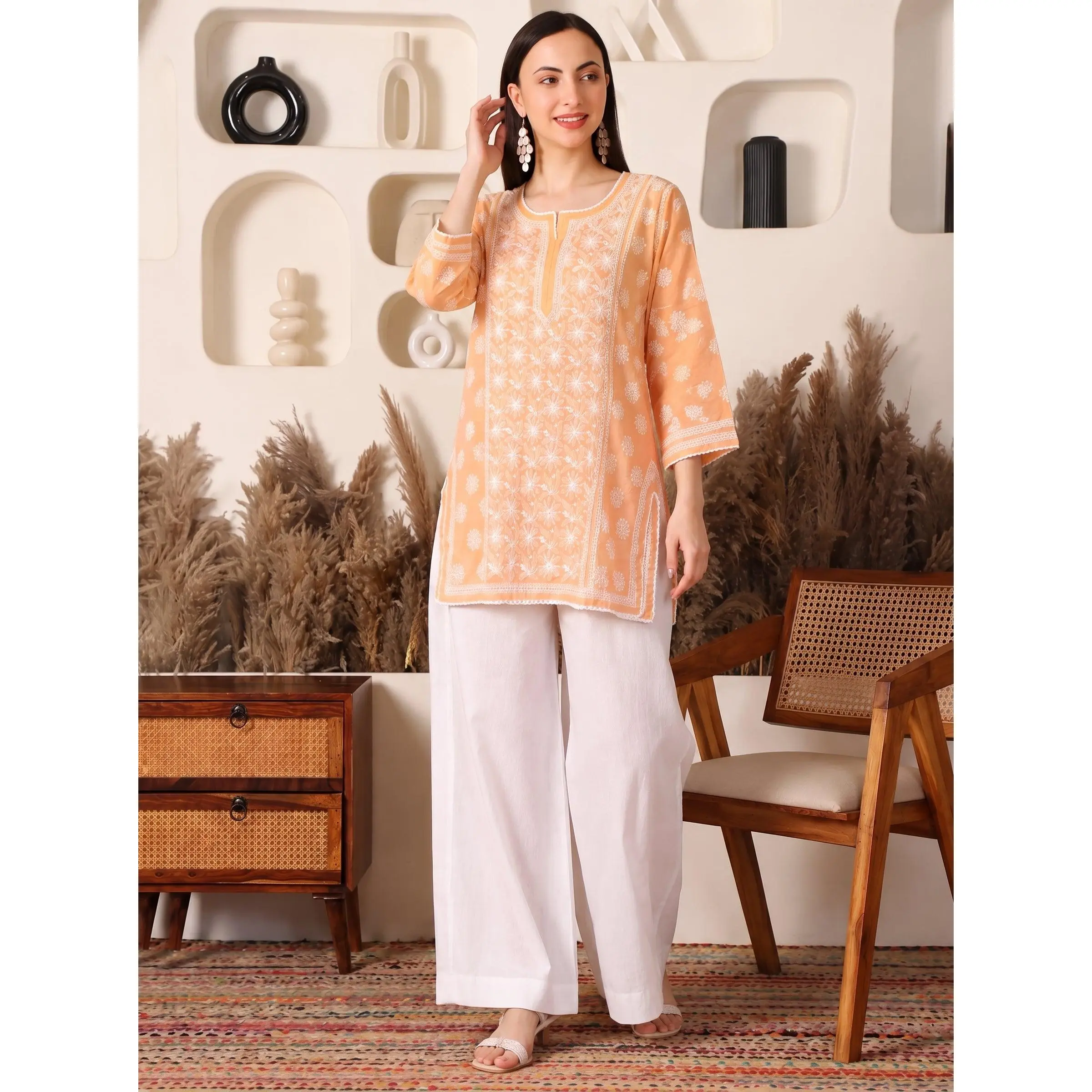 Raunaq Cotton Peach Chikankari Kurta