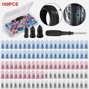 100pcs Car Vacuum Tire Repair Kit with 3 Sizes 5.3*12mm 6*12mm 6.8*15mm Rubber Screw Nails & Screwdriver in Plastic Box for Emergency Road Use