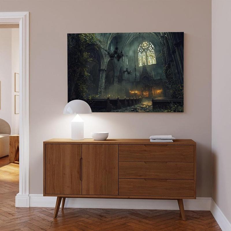 Abandoned Gothic Cathedral Wall Art – Dark Haunted Church Print – Black And White Vintage Horror Decor Canvas Wall Art Print Poster For Home School Office Decor