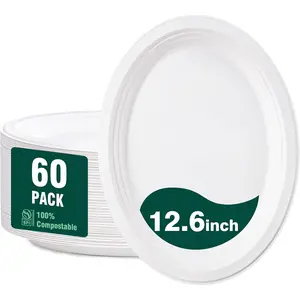 Compostable Oval Paper Plates 12 Inch, 60-Pack Heavy Duty Paper Plates Bulk, Bagasse, Disposable Dinner Plate for BBQ,Picnic,Party (BPI Certified,Microwaveable)