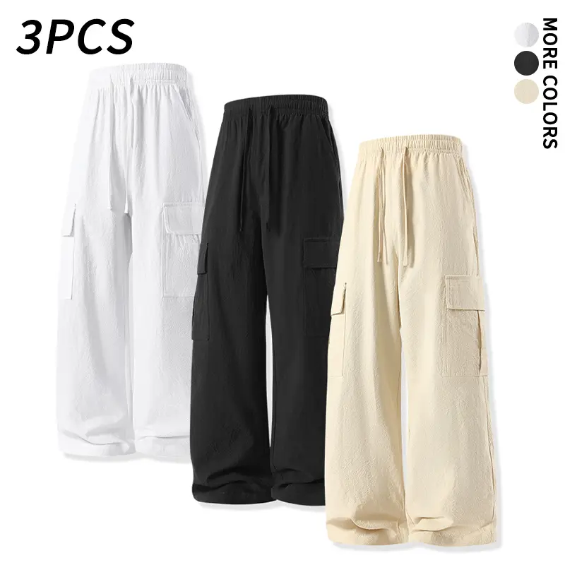 3-PCS Men’s loose wide-leg cargo pants, pure cotton fabric with a soft texture, elastic drawstring waist, large cargo pockets on the sides, solid color relaxed fit casual streetwear long pants, suitable for everyday wear