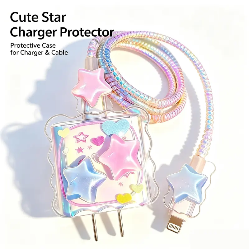 1 Pc Y2K Glitter Star Charger Protector Set, Kawaii Cable Saver，Aesthetic Pastel Star Charger Cover with Iridescent Cable Protector，Fits for Apple Original 18W & 20W Charger Block, Charger Block and Charging Cable NOT Included，Cute Gift for Teen Girls