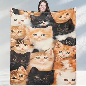 Cute Pupil Cat Formation Bedding Throw Blanket, Soft Fluffy Skin-friendly Nap Blanket, Fits Cute Pet-themed Handmade Shop/Kid Picture Book Corner/Family Leisure Area/Girlish Tea House, Ideal for Handmade Bloggers/Moms/Family Area Sweet Blankets