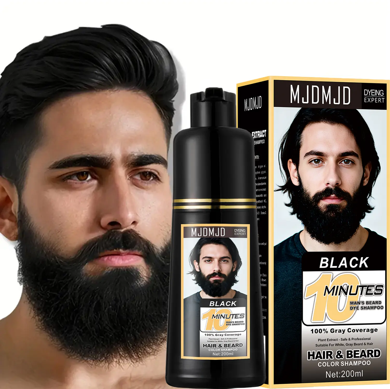 Men's Beard & Mustache Dye Shampoo, 10-Min Color, 100% Gray Coverage，Black Beard Dye & Color for Men, Gentle on Skin，No-Mix Formula,Natural-Looking Color, Quick Gray Touch-Up, Dermatologist Tested