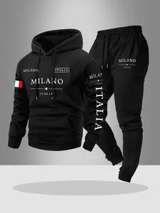 Men's Hooded Sweatshirt Set, Letter Print Graphic Tops + Drawstring Casual Pants, Fall & Winter Fitted Style, 2 Piece