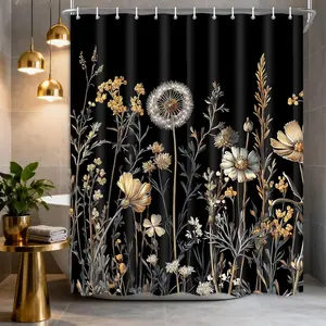 72x72 in Boho Vintage Cottagecore Floral Modern Shower Curtain - Retro Beige Flower Polyester Fabric, Waterproof, Washable, with Hooks, for Farmhouse Country Bathroom Restroom Room Decor Set