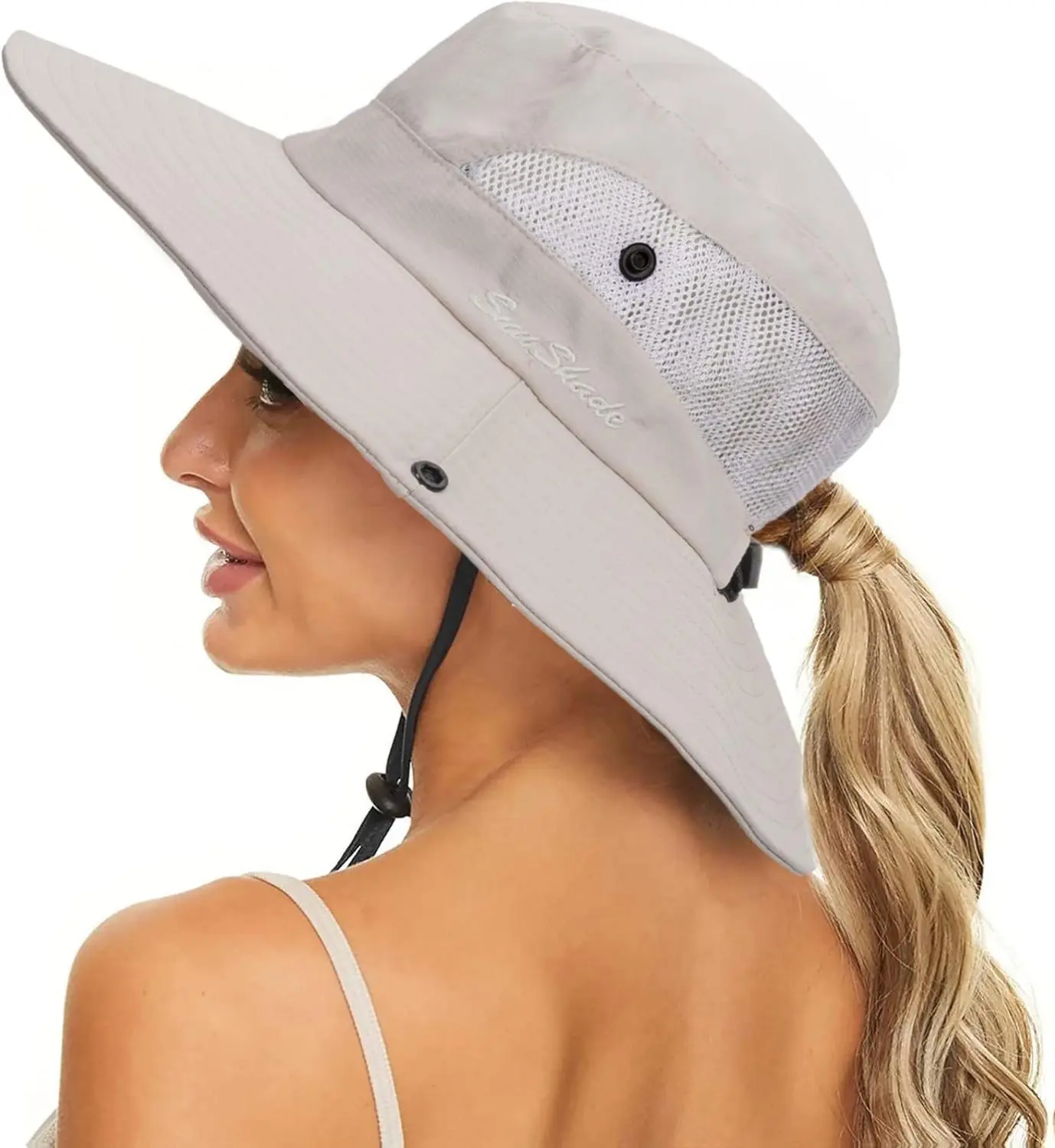 Women's Summer Adjustable Ponytail Cap, Outdoor UV-Sunburn Protection Mesh Sun Shade Hat, Breathable Lightweight Wide Brim Foldable Mesh Hat with Ponytail Hole, Mesh Hats