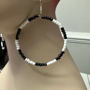 Medium Black and White Colorful Beaded Round Beads Dangle Hoop Earrings - Casual Style, Perfect for Everyday Wear, Colorful Beaded Earrings, Round Beads Earrings