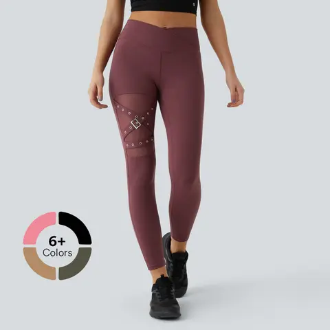 Halara High Waisted Crossover Contrast Mesh Decorative Buckle Yoga Leggings
