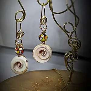 Sea Shell Hanging Earrings with Glass Accent Beads Wrapped in Gold Filled Wire Unique Design Jewelry Drop Earrings