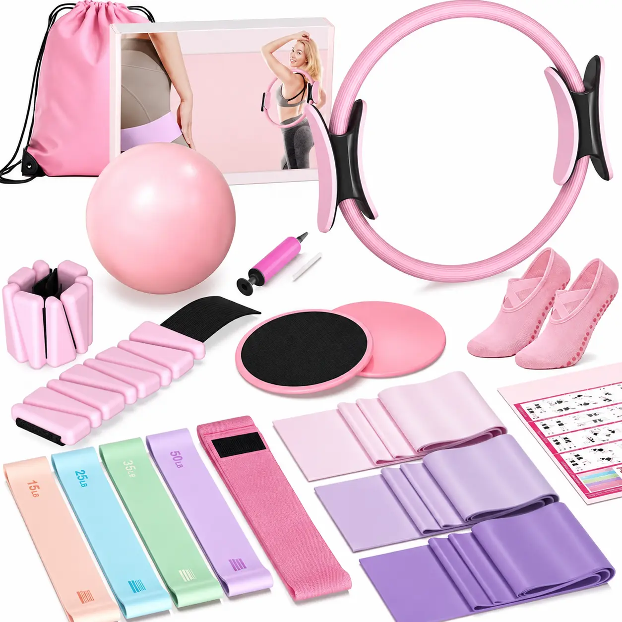 Pilates Kit with Ankle Weights, Pilates Essentials Kit for Women, Pilates Equipment with 14.5" Pilates Ring and Ball, Resistance Bands, Core Sliders & Grip Socks for Home Workouts (Yellow)