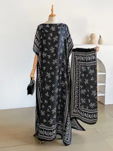 Elegant Plant Print Shawl Set for Women, Lightweight Loose Fit Robe, Moo Moo Pullover Scarf + Long Silk Beach Sunscreen Wrap