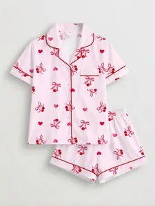 Women's Cherry Bowknot Printed Sleepwear Set, Short Sleeve Button-Up Top & Elastic Shorts, Casual Home Wear for All Seasons