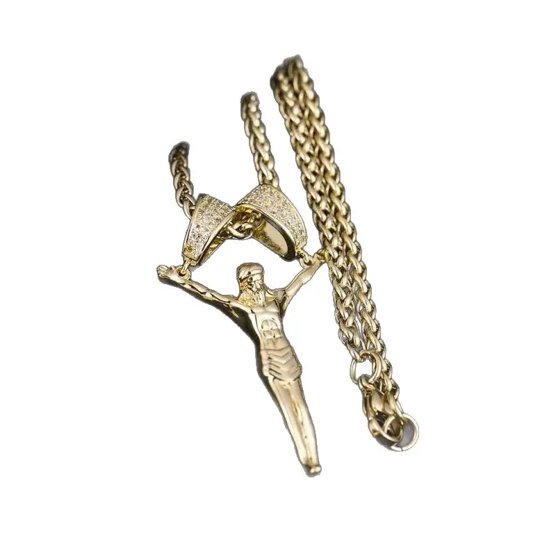 Holylegend 14K Real Gold Plated 3D Jesus Christ Pendant Necklace for Men, Iced Out Rhinestone Double Lock Clasp 24 Inch 3mm Wheat Chain Hip Hop Religious Faith Jewelry Gift
