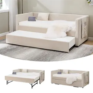 Twin Daybed with Pull Out Trundle, Modern Upholstered Velvet Day Beds Frame with USB Charging Ports & Side Pocket Diamond Stripes for Living Room Bedroom Guest Room, Beige