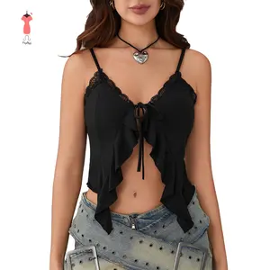 Women´s Summer Fitted Camisole Tops Sleeveless V Neck Irregular Ruffle Bustier Tops Tie Up Crop Tops
