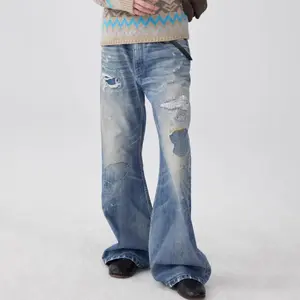 Washed Blue Patch Color Wire-track Flared Jeans