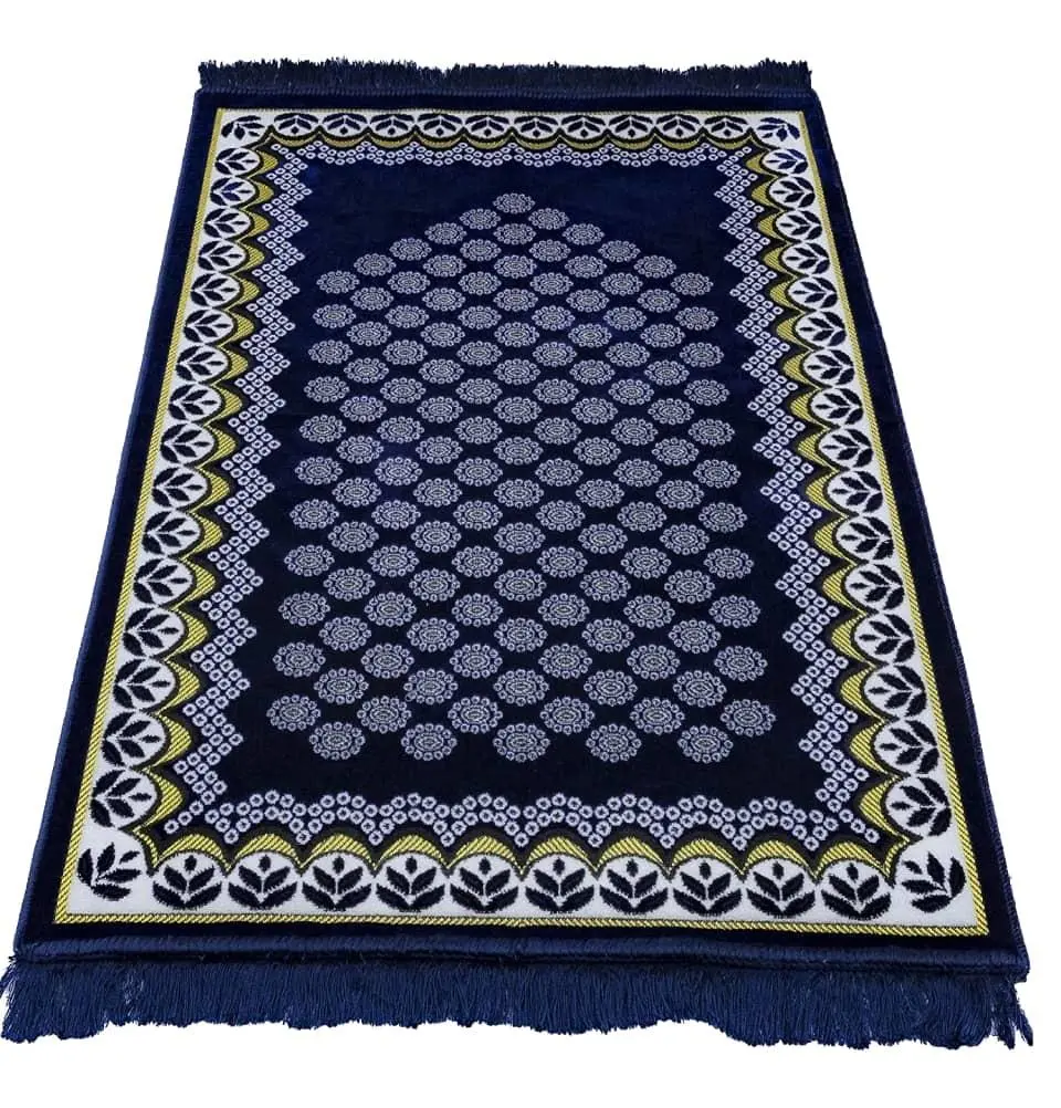 Velvet Floral Daisy Arch Islamic Prayer Rug - Navy Blue Velvet Floral Daisy Arch Islamic Prayer Rug - Navy Blue