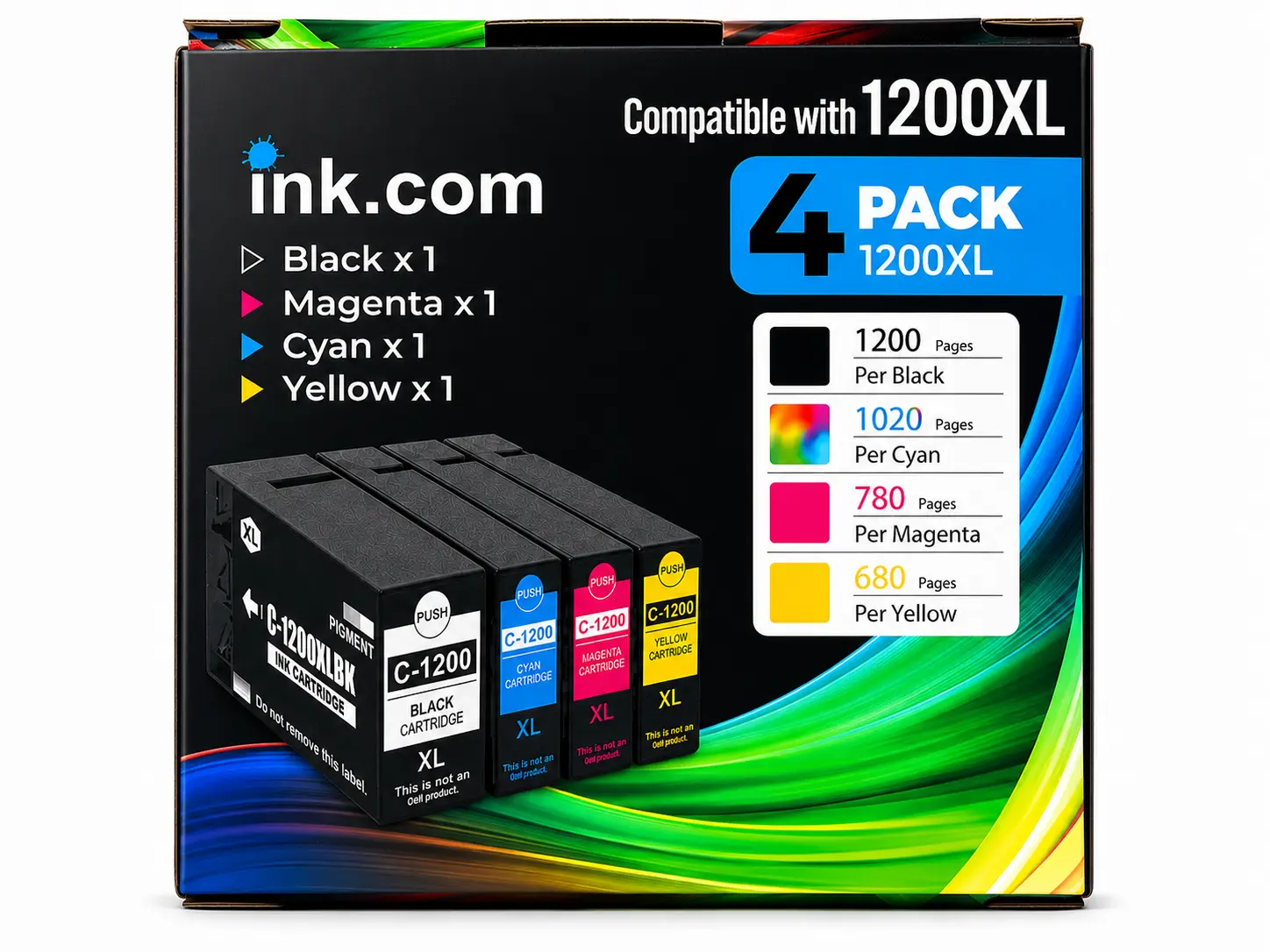 Ink.com High-Yield 1200XL Ink Cartridge 4-Pack - Cyan, Easy Installation, Consistent & Accurate Color Output, Full Color Coverage, Compatible with Canon MAXIFY MB2020, MB2120, MB2320, MB2720 (3935 Page Output), 1200Xl Set, Businesses